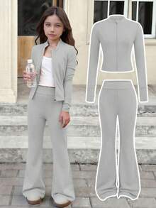 SHEIN 兒童青少年女孩休閒純色咖啡棕長袖上衣與喇叭褲兩件套 - 灰色 - 查看 10