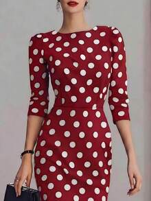 SHEIN LUNE Women's Elegant Casual Black And White Polka Dot Midi-Length Fitted Dress - Red and White - View 3