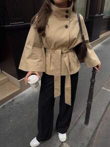 Aloruh Khaki Cinched Waist Short Women's Trench Coat, Versatile For Autumn/Winter, Early Fall Outfits Teachers' Day Office Smart Casual Elegant French - Khaki - View 11