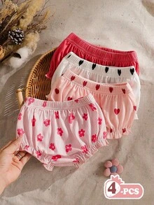 SHEIN Playful Pals 4件組女嬰夏季短褲，粉色與白色，甜美清新風，純色愛心與花朵印花搭配荷葉邊褲腳，寬鬆舒適版型，適合日常穿著、戶外玩耍、搭配上衣、拍照拍攝 - 彩色 - 查看 6