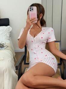Napfluff Women's Cute Pink And White Heart Print V-Neck Button-Front Short Sleeve Pajama Romper Sleep Summer Sexy Lounge Night - Pink - View 1