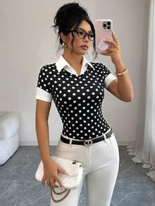 SHEIN Elenzya Women's Elegant Minimalist Fashion Black & White Contrast Retro Polka Dot Print V-Neck Fitted Short Sleeve T-Shirt Top, Suitable For Work Daily Wear, Commuting, Office Business - Black and White - View 1