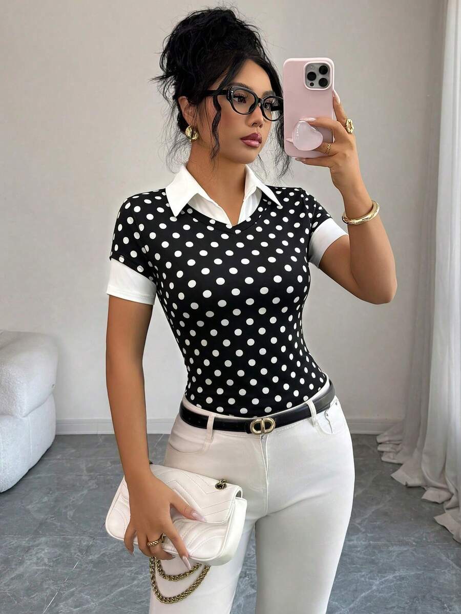 SHEIN Elenzya Women's Elegant Minimalist Fashion Black & White Contrast Retro Polka Dot Print V-Neck Fitted Short Sleeve T-Shirt Top, Suitable For Work Daily Wear, Commuting, Office Business - Black and White - View 1