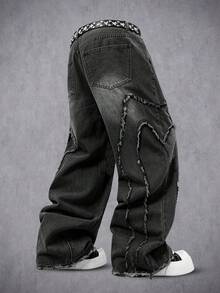 Manfinity Denimwave Men's Thorn Patchwork Raw Edge Design Black Washed Denim Straight Leg Wide Leg Pants - Black - View 2