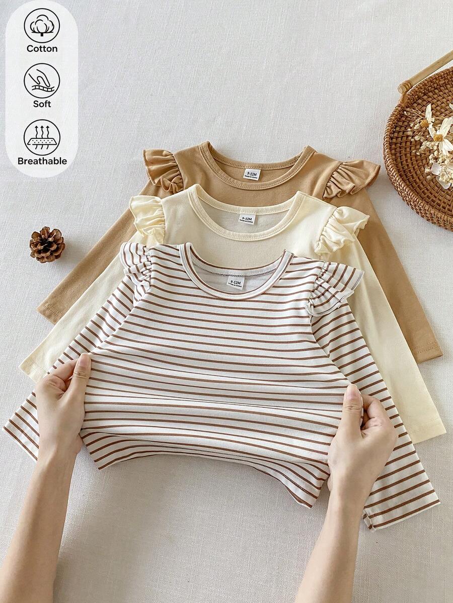 SHEIN 3件組女嬰春秋長袖荷葉邊上衣，可愛簡約休閒百搭款，適合室內、戶外、購物等場合