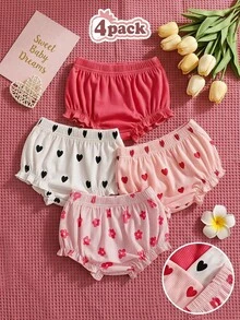 SHEIN Playful Pals 4件組女嬰夏季短褲，粉色與白色，甜美清新風，純色愛心與花朵印花搭配荷葉邊褲腳，寬鬆舒適版型，適合日常穿著、戶外玩耍、搭配上衣、拍照拍攝 - 彩色 - 查看 4