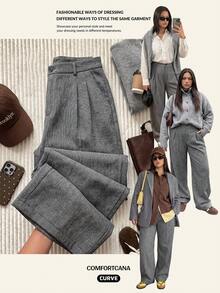 Comfortcana Plus Size Solid Color Button Closure Casual Wide Leg Pants With Belt In Fall/Winter - Black and White - View 2