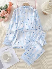 Set Piyama Santai Modis untuk Anak Perempuan Remaja: Atasan Lengan Panjang Berkerut dengan Kerah Berlekuk dan Lengan Sutra Motif Pita dan Hati Biru - MultiWarna - View 2