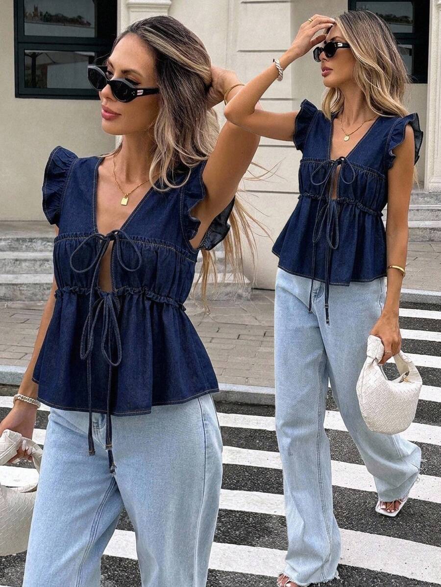 Serisse Women's Lace-Up Ruched Casual Versatile Everyday Denim Top Fall/Winter Elegant Casual Y2k Chic Basic Festival Back To School Ruffle Going Out - Blue - View 1