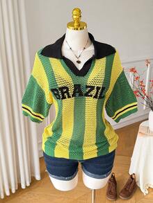 Comfortcana Plus Size Women Letter Pattern Colorblock Casual Daily Knit Top Fall - Multicolor - View 6