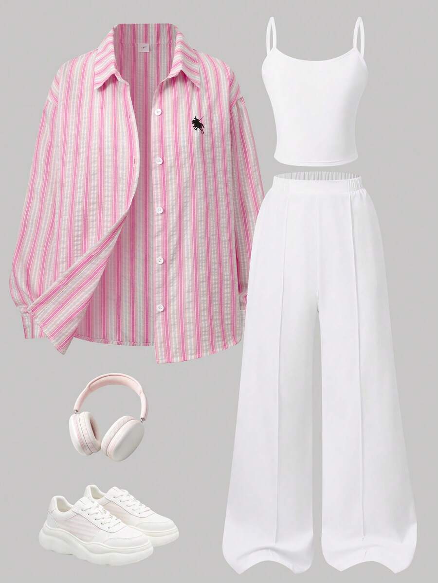 Genkimix Kids Teen Girls 3-Piece Set: Gentle & Fresh Spring/Summer Peach Pink & Blue Striped Pony Print Lightweight Shirt, All-Match Versatile Camisole, And Solid Color Straight Wide Leg Long Pants - Pink - View 1