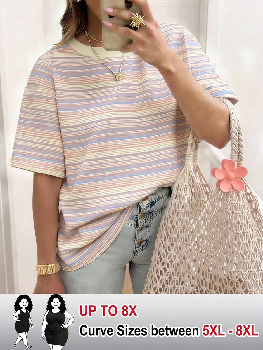 SHEIN CURVE+ 女士休闲条纹短袖T恤,宽松圆领设计,可机洗,适合所有季节,舒适可爱,复古风格。 - 杏色 - 查看 1