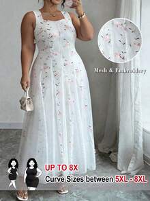 SHEIN CURVE+ 大尺碼簡約優雅網紗刺繡女款洋裝 - 白色 - 查看 1