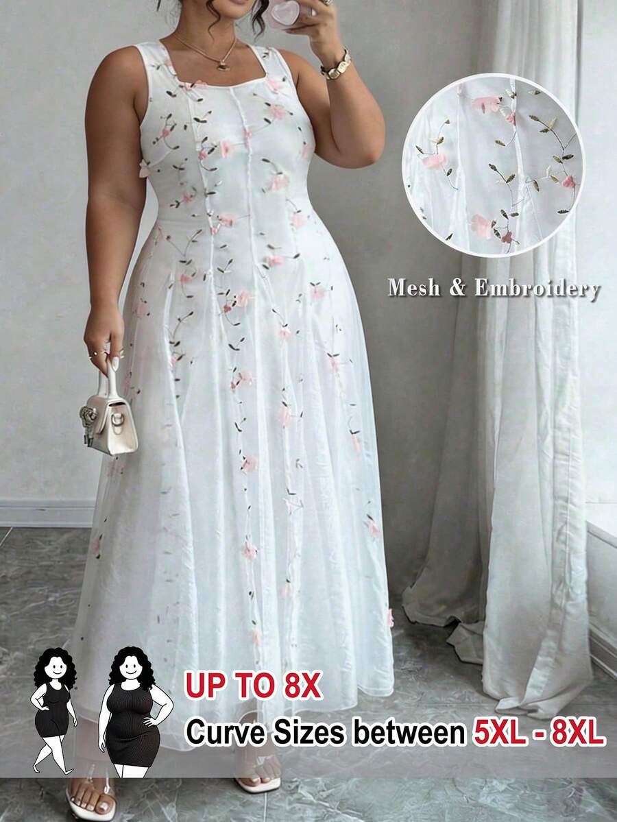 SHEIN CURVE+ 大尺碼簡約優雅網紗刺繡女款洋裝 - 白色 - 查看 1