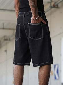Manfinity Roghcode Celana Pendek Denim Kasual Pria - Hitam - View 6