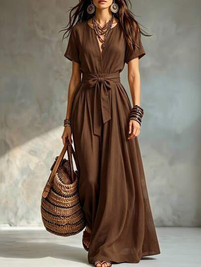 Glimmora Đầm dài cổ chữ V màu cà phê phong cách Bohemian Vintage, phong cách Pháp dịu dàng, thắt eo, dáng xòe rộng, đầm dài thường ngày đi biển du lịch chụp ảnh