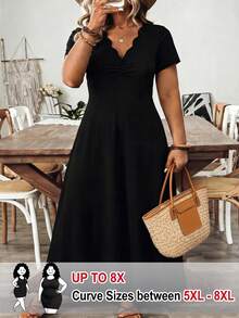SHEIN CURVE+ فستان بخصر طويل مطرز بياقة للمرأة ذات الحجم الكبير بلون واحد - الأسود - مشاهدة 1