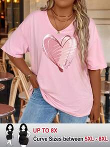 SHEIN CURVE+ Valentine's Day Short Sleeved T-Shirt, V-Neck T-Shirt With Heart-Shaped Pattern, Suitable For Spring And Summer, Women's Clothing - Black - View 1