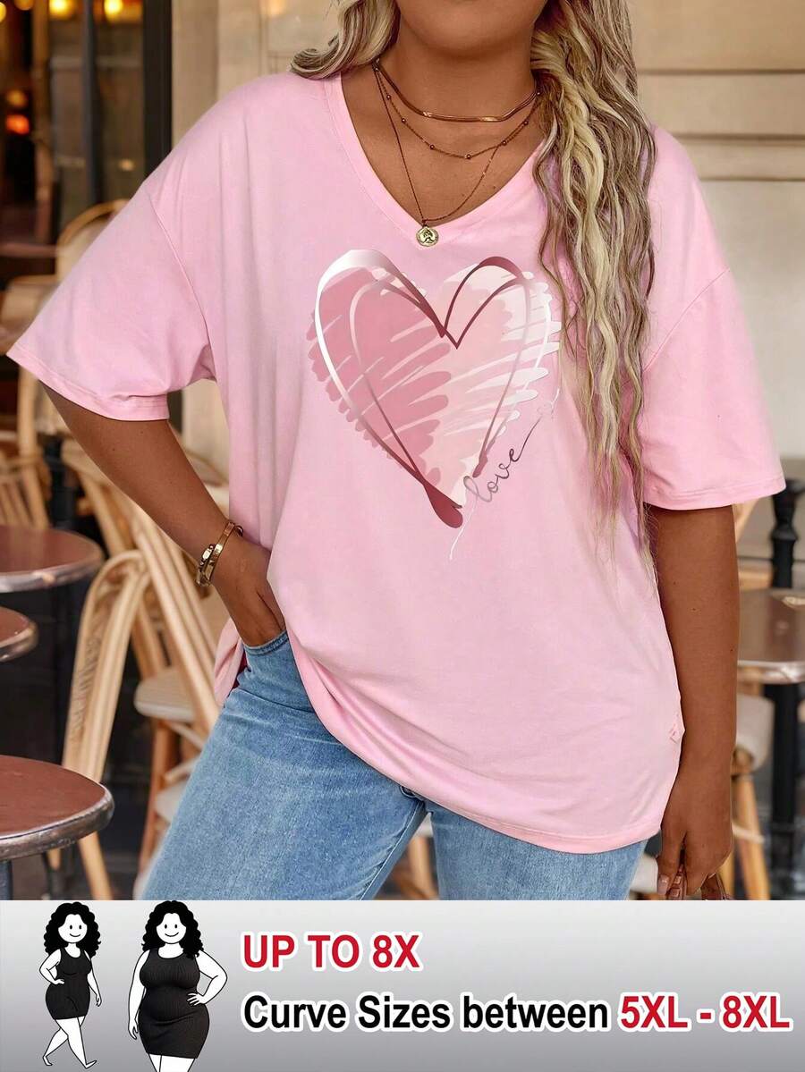 SHEIN CURVE+ Valentine's Day Short Sleeved T-Shirt, V-Neck T-Shirt With Heart-Shaped Pattern, Suitable For Spring And Summer, Women's Clothing - Black - View 1