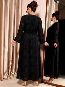 SHEIN Plus Size Women's V-Neck Flared Sleeve Cinched Waist Elegant Dress - Black - View 2