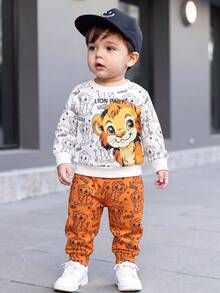 SHEIN Playful Pals 2件組男嬰男童休閒校園風獅子圖案長袖衛衣與長褲套裝，柔軟加厚秋冬男孩套裝 - 彩色 - 查看 1