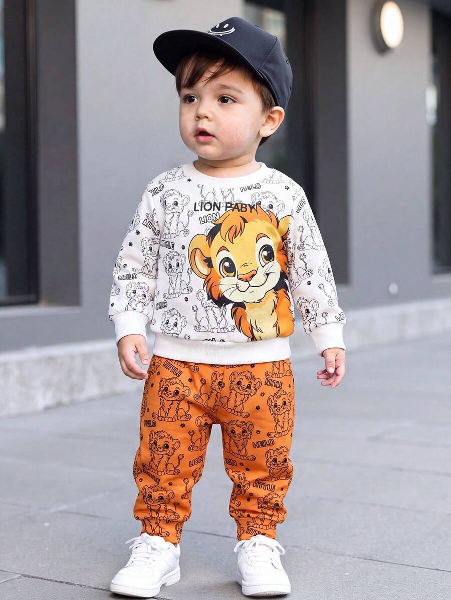 SHEIN Playful Pals 2件組男嬰男童休閒校園風獅子圖案長袖衛衣與長褲套裝,柔軟加厚秋冬男孩套裝 - 彩色 - 查看 1