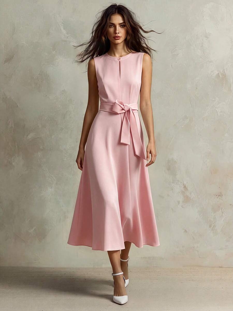 Franclia 休闲优雅束腰珍珠纽扣前开衩荷叶边下摆中长连衣裙,夏季新品,杏色 - 藕粉色 - 查看 1