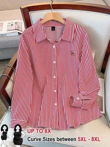 SHEIN CURVE+ 大码女式条纹单排扣休闲百搭日常衬衫 - 紅色 - 查看 1
