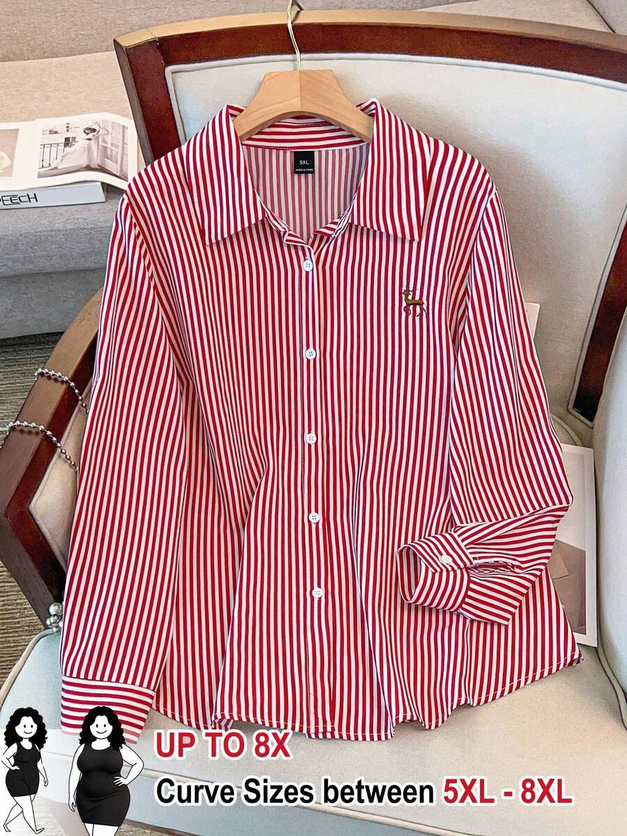 SHEIN CURVE+ 大码女式条纹单排扣休闲百搭日常衬衫 - 紅色 - 查看 1