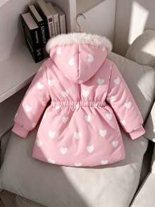 SHEIN Elladie kids 冬季女童休閒西式嬰兒白色愛心印花連帽中長款棉外套，毛邊飾，極地抓絨內裡，彈性腰帶，寬鬆版型 - 粉色 - 查看 3