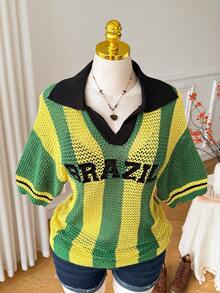 Comfortcana Plus Size Women Letter Pattern Colorblock Casual Daily Knit Top Fall - Multicolor - View 4