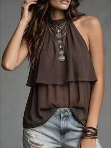 Trelyra French Elegant Brown Chiffon Double Layer Ruffle Sleeveless Blouse With Back Tie Strap And Halter Neck, Versatile For Date And Vacation - Brown - View 5