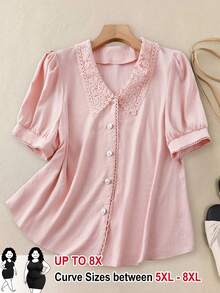 SHEIN CURVE+ Plus Size Summer Casual Elegant Solid Color Lace Patchwork Front Button Short Sleeve Shirt Date Night Evening Pink - Pink - View 1