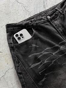 EVRINFINITE 1pc American Street Fashion Curved Knife Design 3D Whiskers Washed Loose Fit Patchwork Wide Leg Men's Jeans - Black - View 3