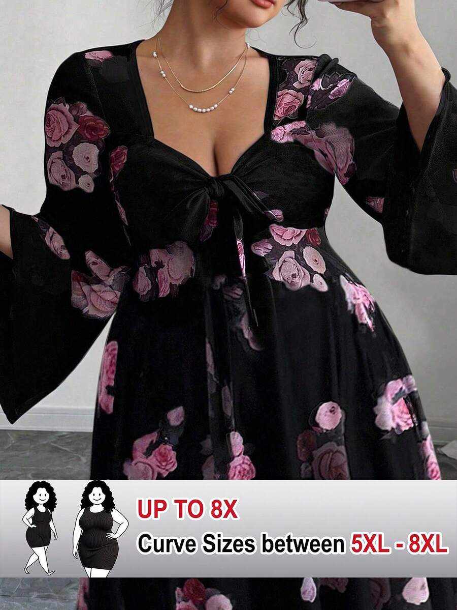 SHEIN CURVE+ 大码女式印花系带休闲派对连衣裙 - 彩色 - 查看 1