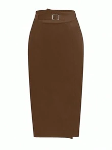 Elenzga 大码女式纯色腰带扣设计优雅铅笔裙 - 卡其色 - 查看 5