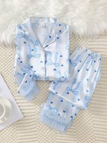 Set Piyama Santai Modis untuk Anak Perempuan Remaja: Atasan Lengan Panjang Berkerut dengan Kerah Berlekuk dan Lengan Sutra Motif Pita dan Hati Biru - MultiWarna - View 3