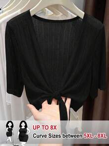 SHEIN CURVE+ 大码女式优雅休闲度假风网眼提花面料系带短袖外套 - 黑色 - 查看 1