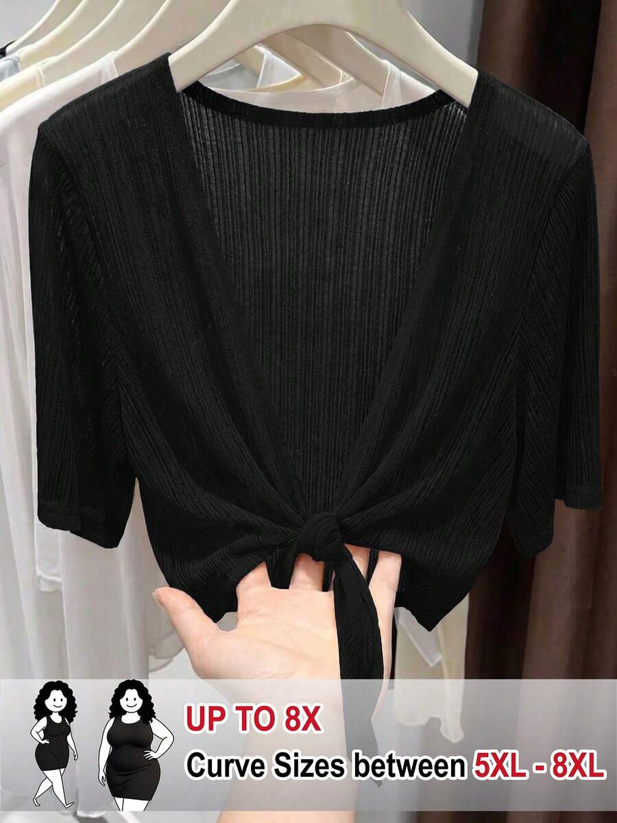 SHEIN CURVE+ 大码女式优雅休闲度假风网眼提花面料系带短袖外套 - 黑色 - 查看 1