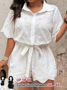 SHEIN CURVE+ Plus Size Women Fashion Elegant Web Embroidery Belted Jumpsuit - White - View 1