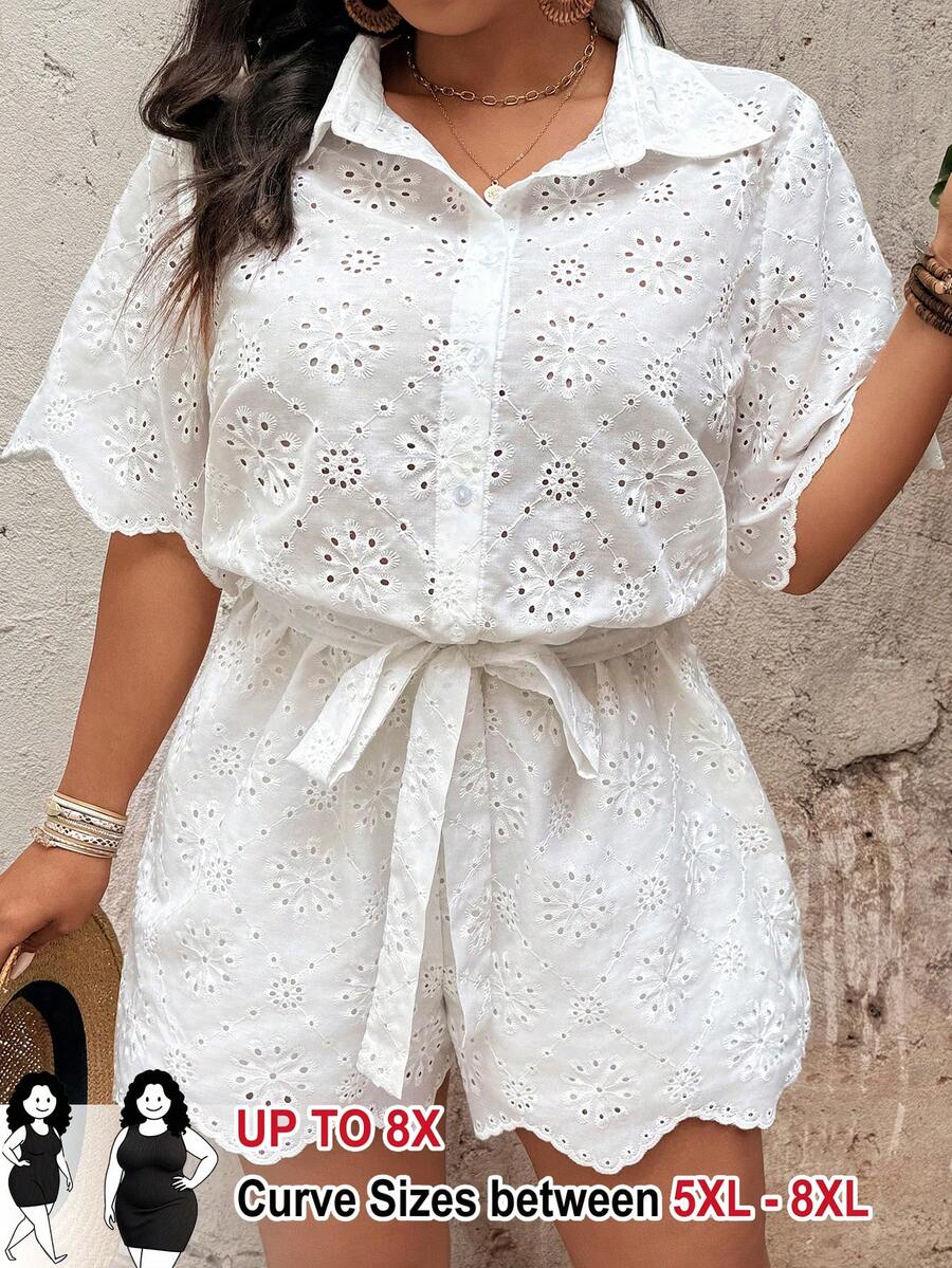 SHEIN CURVE+ Plus Size Women Fashion Elegant Web Embroidery Belted Jumpsuit - White - View 1