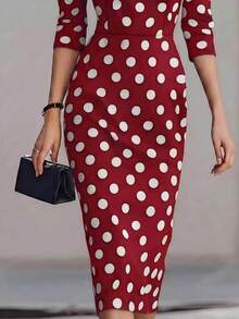 SHEIN LUNE Women's Elegant Casual Black And White Polka Dot Midi-Length Fitted Dress - Red and White - View 4