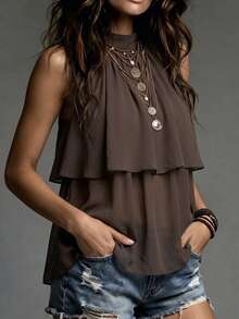 Trelyra French Elegant Brown Chiffon Double Layer Ruffle Sleeveless Blouse With Back Tie Strap And Halter Neck, Versatile For Date And Vacation - Brown - View 4