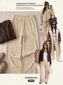 Comfortcana Plus Size Casual Versatile Solid Color Textured Long Pants - Cream - View 6
