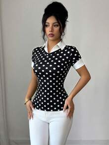 SHEIN Elenzya Women's Elegant Minimalist Fashion Black & White Contrast Retro Polka Dot Print V-Neck Fitted Short Sleeve T-Shirt Top, Suitable For Work Daily Wear, Commuting, Office Business - Black and White - View 6