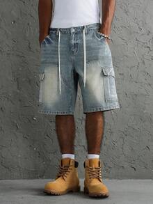 Manfinity EMRG Men's Street Style Casual Multi-Pocket Embroidered Workwear Blue Denim Shorts - Light Wash - View 5