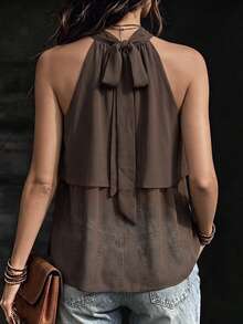 Trelyra French Elegant Brown Chiffon Double Layer Ruffle Sleeveless Blouse With Back Tie Strap And Halter Neck, Versatile For Date And Vacation - Brown - View 2