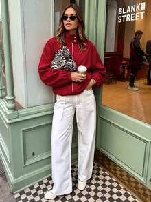Avenya Hoodie Windbreaker Minimalis Kasual Kerah Tegak Resleting Logam Warna Polos Merah Tua untuk Kerja Sehari-hari Musim Gugur/Dingin - Burgundy - View 8