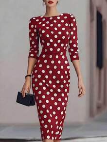 SHEIN LUNE Women's Elegant Casual Black And White Polka Dot Midi-Length Fitted Dress - Red and White - View 1