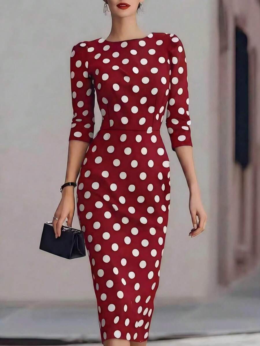 SHEIN LUNE Women's Elegant Casual Black And White Polka Dot Midi-Length Fitted Dress - Red and White - View 1